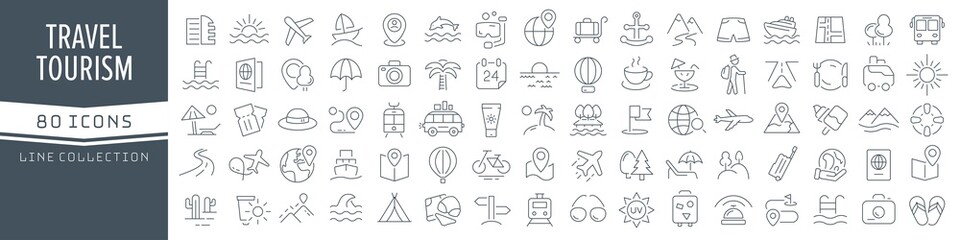 Travel and tourism line icons collection. Big UI icon set in a flat design. Thin outline icons pack. Vector illustration EPS10 - obrazy, fototapety, plakaty