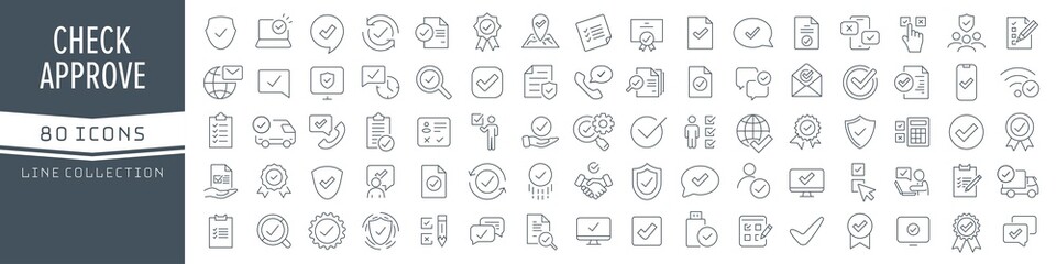 Check and approve line icons collection. Big UI icon set in a flat design. Thin outline icons pack. Vector illustration EPS10 - obrazy, fototapety, plakaty