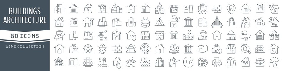 Buildings and architecture line icons collection. Big UI icon set in a flat design. Thin outline icons pack. Vector illustration EPS10