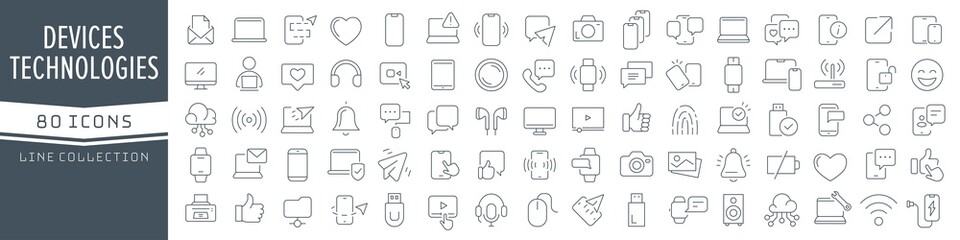 Devices and technology line icons collection. Big UI icon set in a flat design. Thin outline icons pack. Vector illustration EPS10 - obrazy, fototapety, plakaty