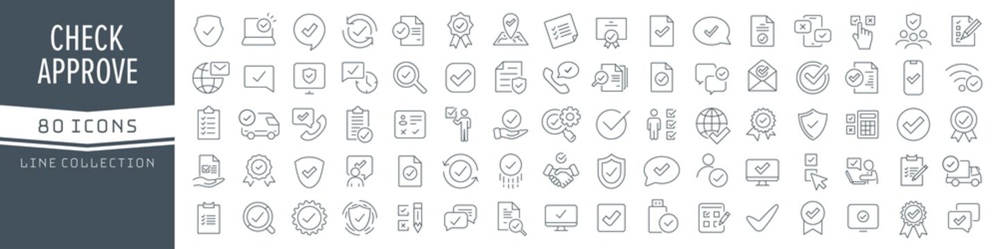 Check And Approve Line Icons Collection. Big UI Icon Set In A Flat Design. Thin Outline Icons Pack. Vector Illustration EPS10