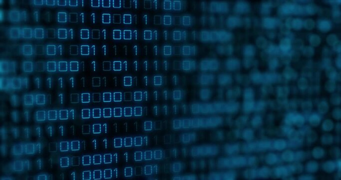 Animation of blue binary code changing on black background