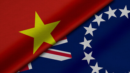 3D Rendering of two flags from Socialist Republic of Vietnam and Cook Islands together with fabric texture, bilateral relations, peace and conflict between countries, great for background