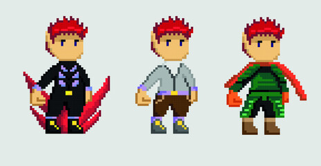 three pixel character designs. a character in mmorpg games. types of equipment.