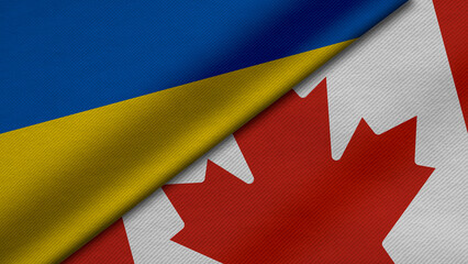 3D Rendering of two flags from ukraine and Canada together with fabric texture, bilateral relations, peace and conflict between countries, great for background