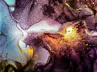 Abstract bright shiny color fluid background, hand drawn alcohol art painting with golden streaks, liquid ink technique texture for backdrop design