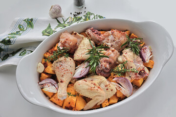 Chicken pieces prepared with pumpkin, onion, garlic and spices in a white ceramic baking dish. Decorated with rosemary. Autumn food concept. View from above. Flat lay.