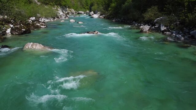 Aerial view of emmerald river soca slovenia 4k - fresh water concept
