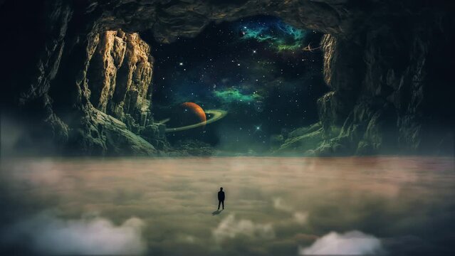 Cave Above Clouds Man Looking Space Planets Surreal Landscape. Man standing inside a cave above clouds in space with planets in background. Surreal scifi landscape