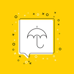 Umbrella icon in white speech bubble with decorative elements on a yellow background. Modern graphic announcement with thin line symbol. Vector illustration EPS 10