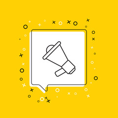 Loudspeaker icon in white speech bubble with decorative elements on a yellow background. Modern graphic announcement with thin line symbol. Vector illustration EPS 10