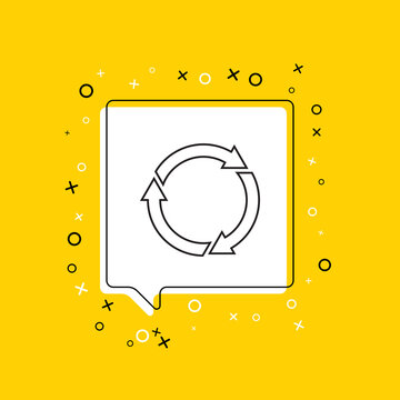 Recycle arrows icon in white speech bubble with decorative elements on a yellow background. Modern graphic announcement with thin line symbol. Vector illustration EPS 10