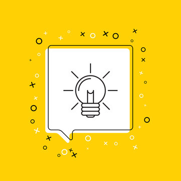 Lightbulb with rays icon in white speech bubble with decorative elements on a yellow background. Modern graphic announcement with thin line symbol. Vector illustration EPS 10