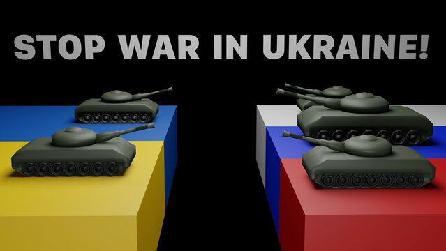 Ukrainian and Russian flag with tanks - Stop war in Ukraine