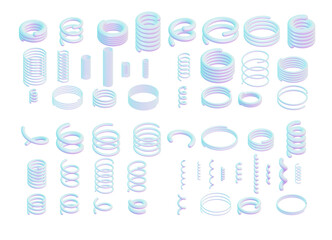 Holographic 3d illustration of springs in isometric view isolated on white background. Simple primitive objects for design.