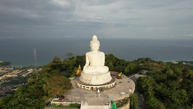 Big buddha Phuket Aerial view Cloudy Sunseet Thailand
