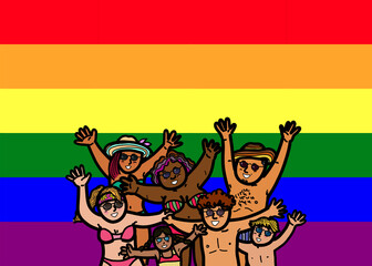 Obraz na płótnie Canvas Group of diversity gay pride rainbow lgbtq people on summer vacation