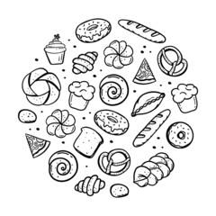 A hand-drawn set of bakery items elements bretzel croissant bread donut baguette Vector in the style of a doodle sketch. For cafe and bakery menus