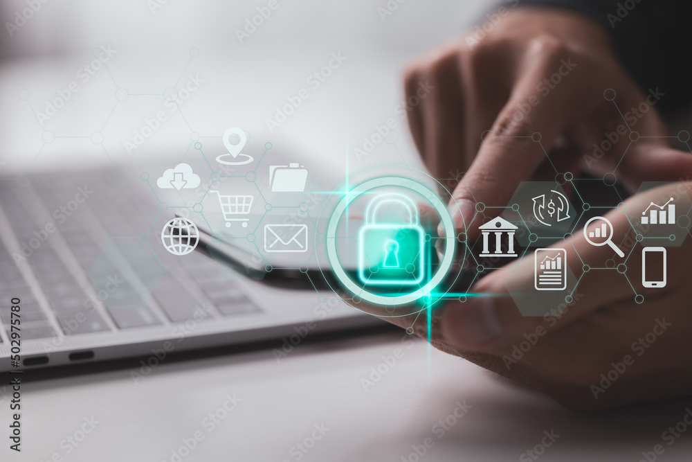 Poster Concepts of data security and privacy. Internet security technologies and the lock symbol. To secure personal information on smart phone, a businessman employs virtual screen interfaces.