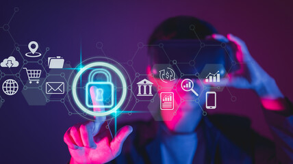 Concepts of data security and privacy. Internet security technologies and the lock symbol. Virtual screen interfaces let a businessman secure personal data on his VR.