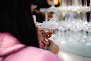 pyramid of champain set of empty wineglasses in restaurant bar