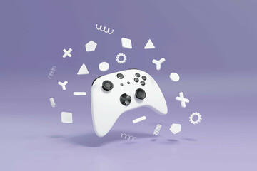 White joystick gamepad, game console controller, videogame computer or arcade gaming joystick on purple background with geometric shapes 3D rendering illustration  © XrCyc