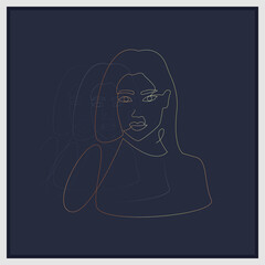 Modern abstract poster with girl in t-shirt on dark blue background. Golden line art of woman silhouette. Linear female portrait for tattoo, printing, logo, backdrop, etc. Single line concept