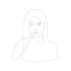 Modern vector illustration with linear girl in t-shirt. Single line art of woman silhouette. Contour female portrait for tattoo, printing, logo, backdrop, etc. One line concept