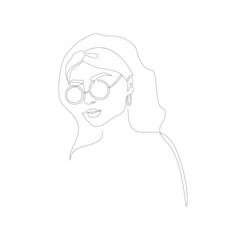 Modern linear female portrait for tattoo, printing, t-shirts, logo, etc. Contour art of a girl in sunglasses. Vector illustration with woman silhouette in continuous line style.