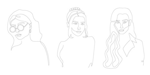 Set of three hand-drawn female portraits. Elegant line art with woman silhouettes in continuous line style. Woman in sunglasses, girl with messy bun and lady in robe with collar