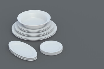Different empty plates on gray background. Copy space. 3d render