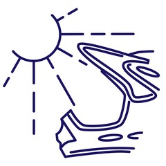 Simple vector icon with thin lines of the sun illuminating a bicycle or motorcycle helmet. Blue outline pictogram isolated on transparent background