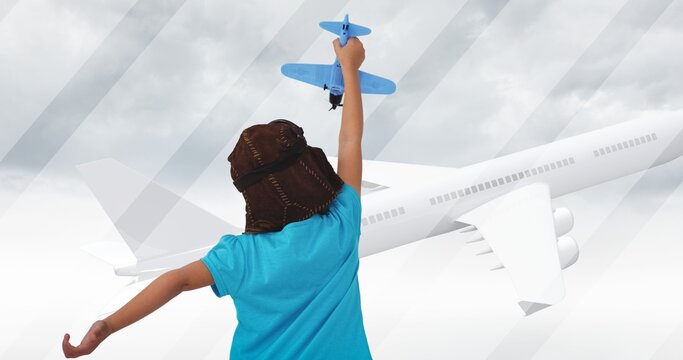 Multiple image of airplane flying in sky and biracial boy wearing aviator hat flying toy plane