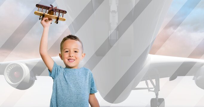 Multiple image of airplane flying in sky and portrait of caucasian smiling boy flying toy airplane
