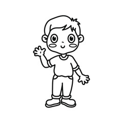 The boy waves his hand. Greetings. Coloring page. Black and white vector illustration. Icon.