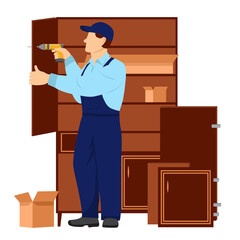 Master works with a screwdriver. Cabinet door is standing nearby. Assembling or dismantling furniture. Vector Illustration in flat style on white background.