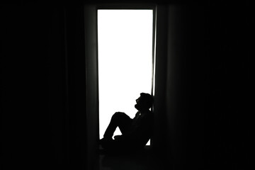 Extreme silhouette shot: a sad, desperate man, crying while sitting alone on the floor near a door...
