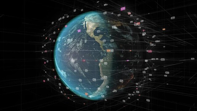Network connection structure, World map with digits. Global communication concept, Technology digital abstract background