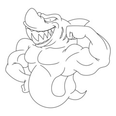 Coloring illustration of cartoon muscular shark