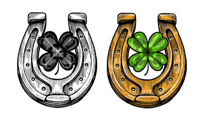 Vintage horseshoe and clover. Symbol of success and good luck. Vector illustration