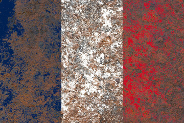National flag of france painted on a distressed old rusty iron sheet