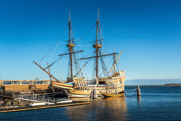 The historic ship Mayflower in the harbor of Plymouth - obrazy, fototapety, plakaty
