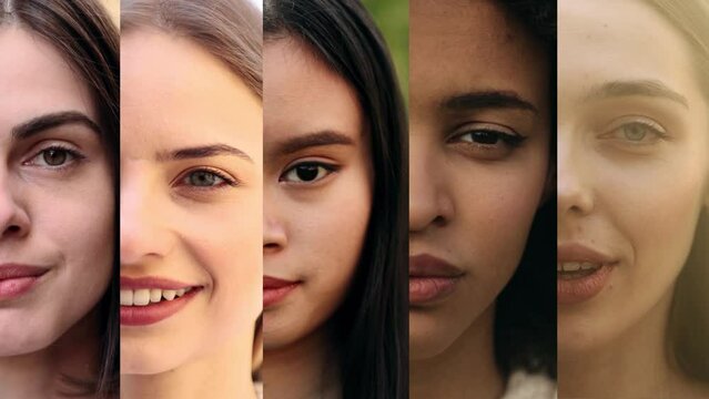 Collage of half face multi-ethnic diverse women looking at the camera. Beautiful women of different age, ethnicity, beauty and hair style smiling together.