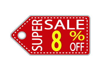 Offer tag. 8 percent off. Discount for big sale. Red, white and orange label