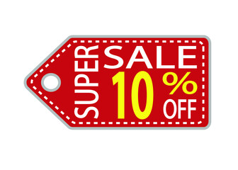 Offer tag. 10 percent off. Discount for big sale. Red, white and orange label