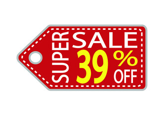 Offer tag. 39 percent off. Discount for big sale. Red, white and orange label