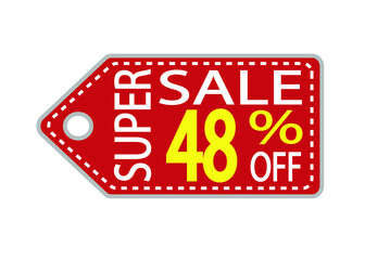Offer tag. 48 percent off. Discount for big sale. Red, white and orange label