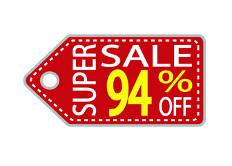 Offer tag. 94 percent off. Discount for big sale. Red, white and orange label
