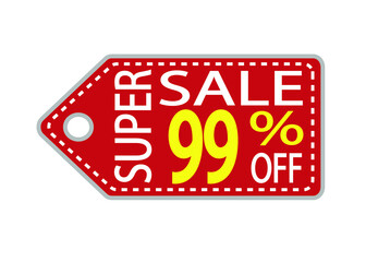 Offer tag. 99 percent off. Discount for big sale. Red, white and orange label