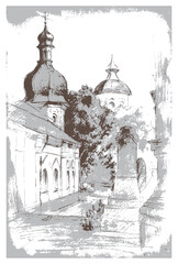 Refectory church of the monastery in the Kyiv city. Vector traced hand drawn pencil sketch landscape 